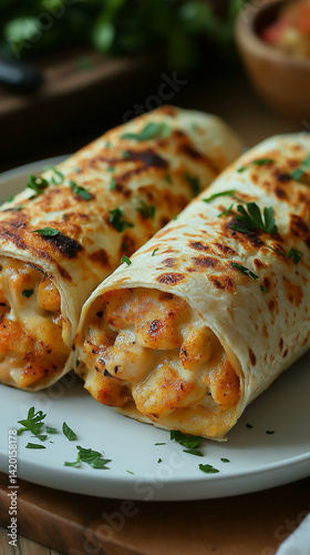 Obraz na płótnie Two delicious cheesy wraps with chicken, garnished with herbs, on a white plate. w salonie