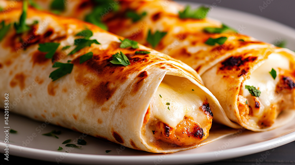Two delicious cheesy wraps with chicken, garnished with herbs, on a white plate.