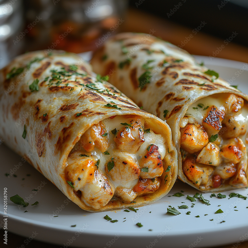Two delicious cheesy wraps with chicken, garnished with herbs, on a white plate.