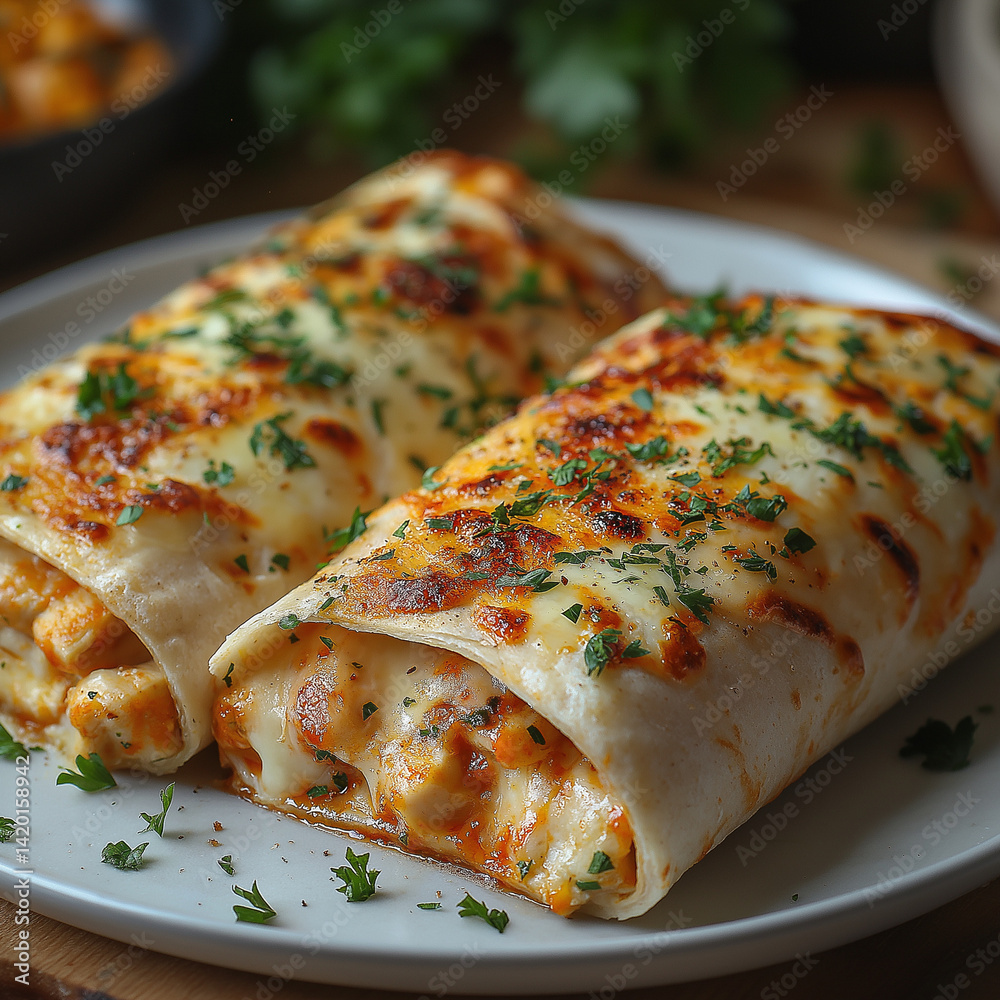 Two delicious cheesy wraps with chicken, garnished with herbs, on a white plate.