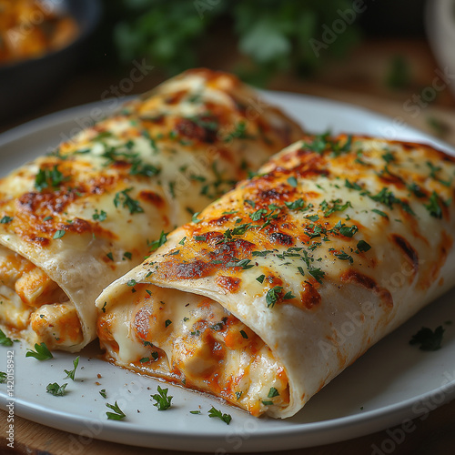 Two delicious cheesy wraps with chicken, garnished with herbs, on a white plate. 