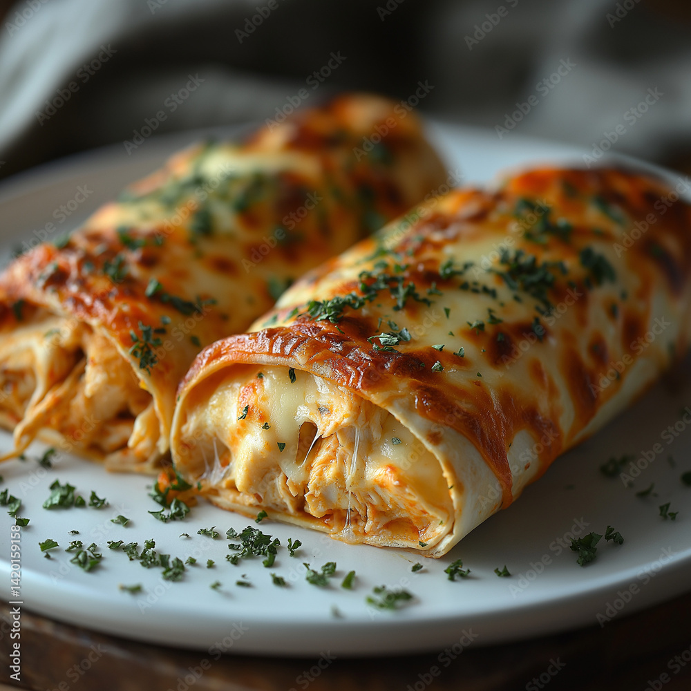 Two delicious cheesy wraps with chicken, garnished with herbs, on a white plate.