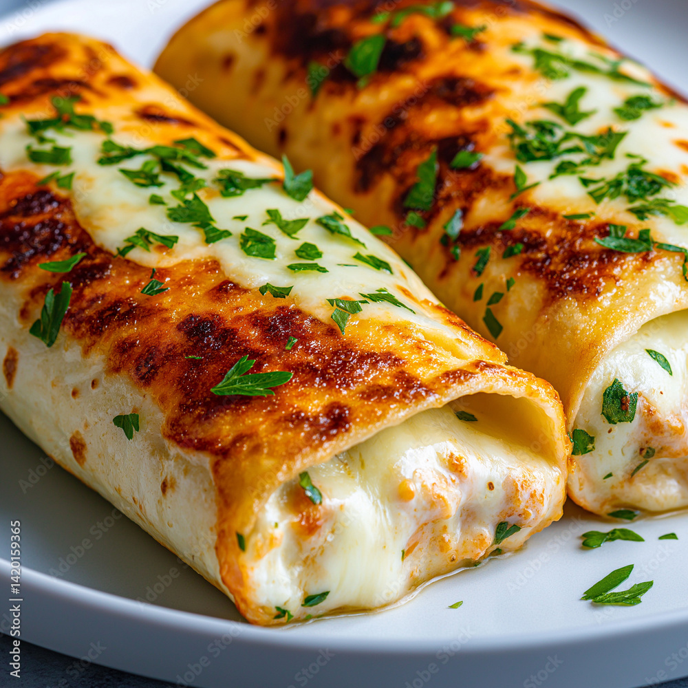 Two delicious cheesy wraps with chicken, garnished with herbs, on a white plate.