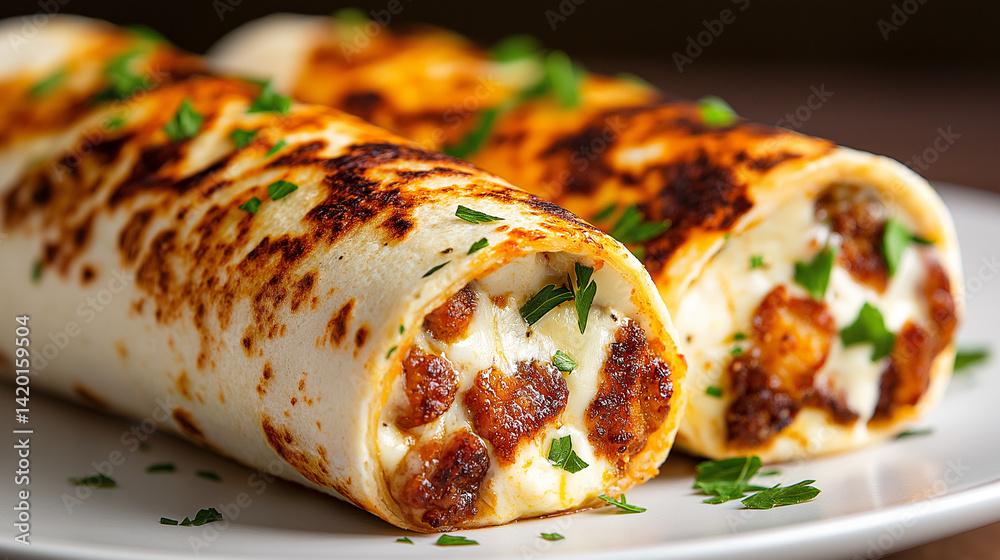 Two delicious cheesy wraps with chicken, garnished with herbs, on a white plate.