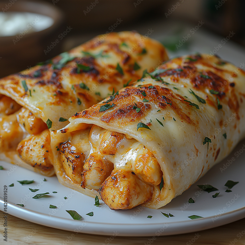Two delicious cheesy wraps with chicken, garnished with herbs, on a white plate.