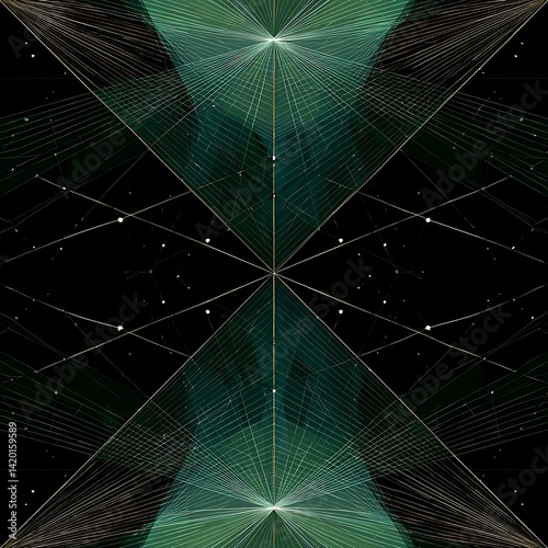 Geometric Space Starburst Pattern Design with Triangular Shapes and Golden Grid Lines for Futuristic Art