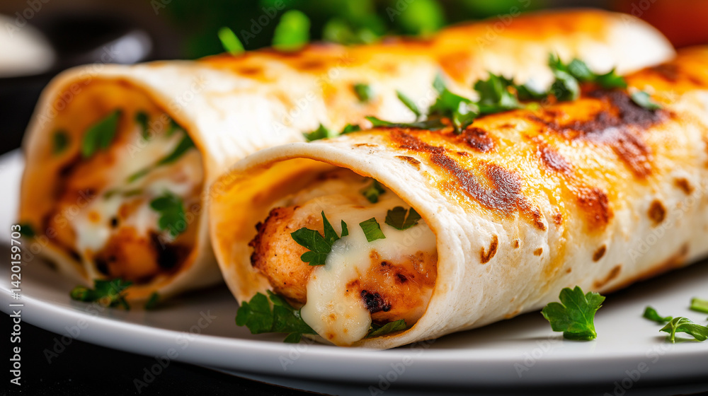 Two delicious cheesy wraps with chicken, garnished with herbs, on a white plate.