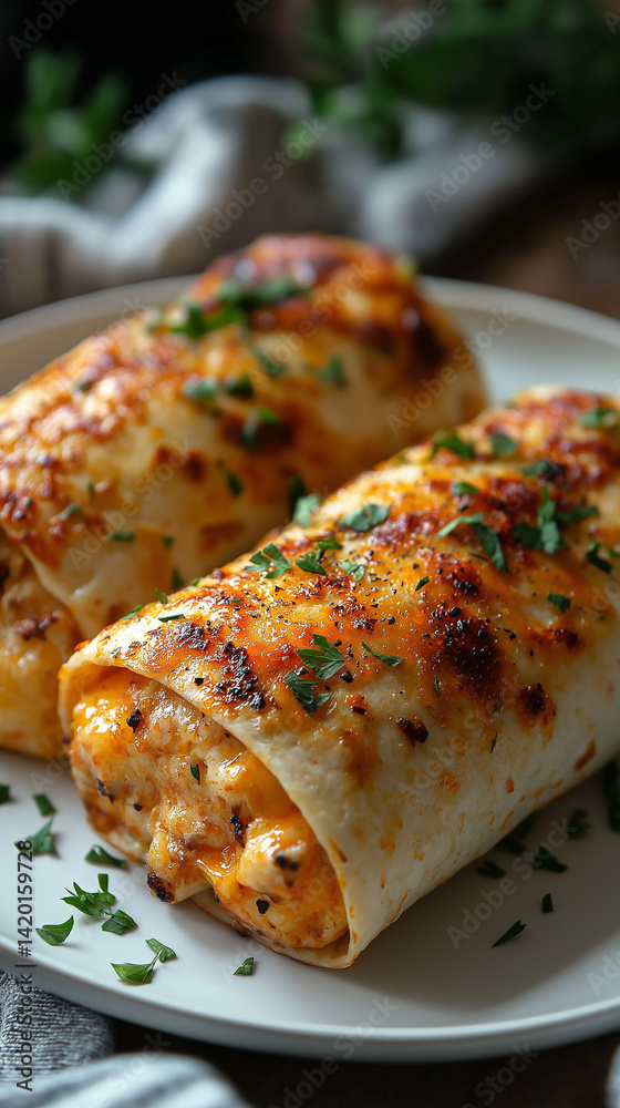 Two delicious cheesy wraps with chicken, garnished with herbs, on a white plate.