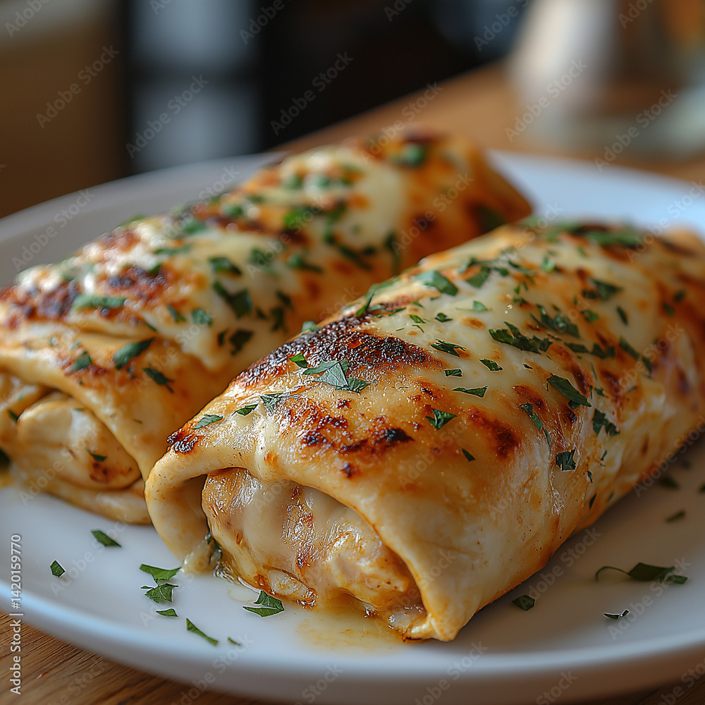 Two delicious cheesy wraps with chicken, garnished with herbs, on a white plate.