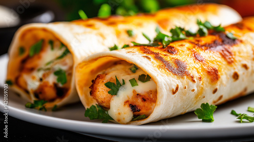Two delicious cheesy wraps with chicken, garnished with herbs, on a white plate. 