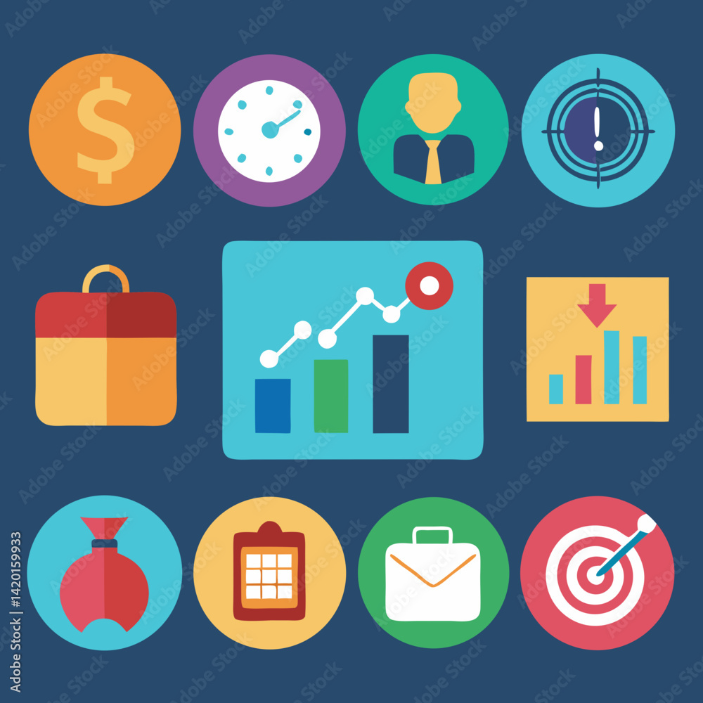 A vibrant collection of business icons showcasing growth, targets, and financial success with flat design and bold colors. A vibrant collection of business icons showcasing growth, targets, and financial success with flat design and bold colors.