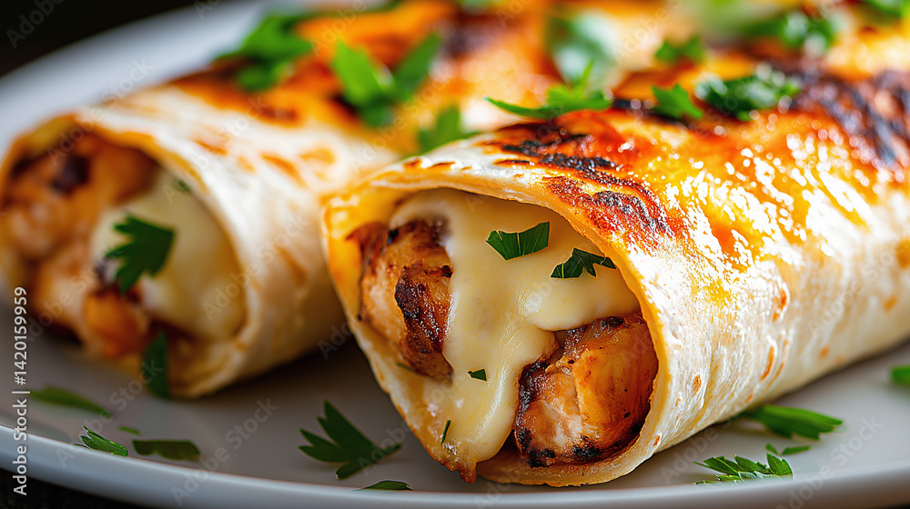Two delicious cheesy wraps with chicken, garnished with herbs, on a white plate.