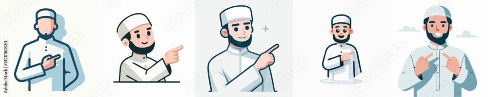 Vector collection of a man in Muslim clothing wearing a peci with various body gestures Vector collection of a man in Muslim clothing wearing a peci with various body gestures