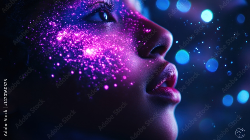 Portrait of a person with cosmic face paint and sparkles Portrait of a person with cosmic face paint and sparkles
