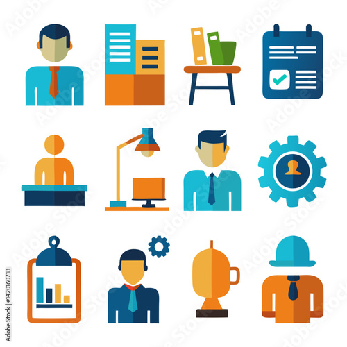 A vibrant collection of flat design icons depicting office life, teamwork, and professional success with bold colors and simple shapes.