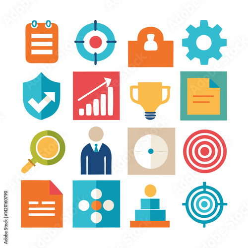 A vibrant collection of flat design icons representing business success, growth, and strategic planning, showcasing a cheerful and effective visual language with bold colors and simplified shapes.