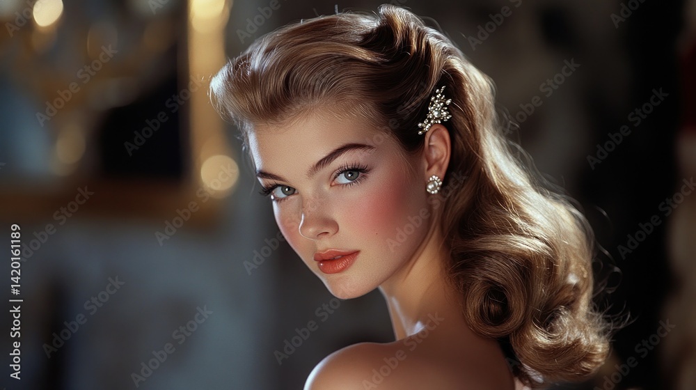 Fototapeta premium Elegant woman with vintage hairstyle in soft lighting