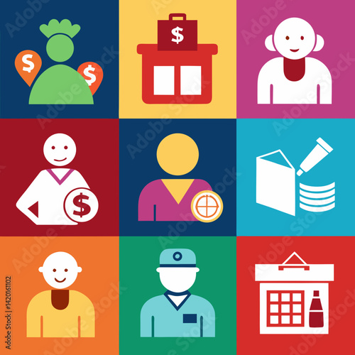 A vibrant collection of happy professionals and businesses showcasing diverse services and financial success with bold flat icons and a cheerful color palette.