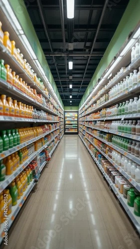 Brightly lit grocery aisle showcasing vibrant product rows. AI Generated