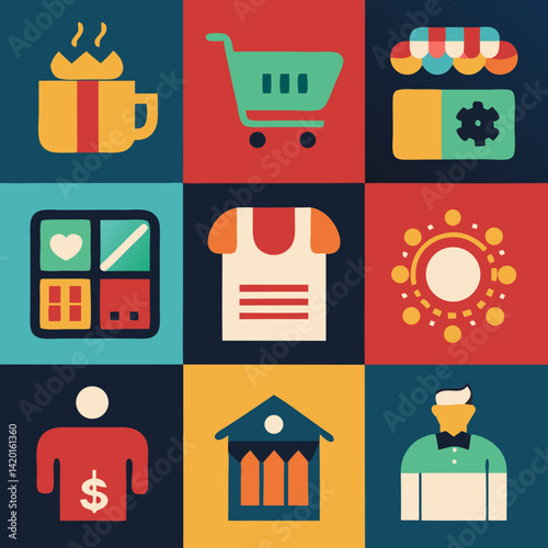 A vibrant collection of playful icons depicting everyday commerce, featuring a cheerful shopkeeper, shopping cart, and gift-wrapped coffee, all in a bold retro style with flat color blocks.