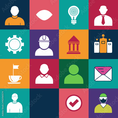 A vibrant grid showcasing diverse professions and achievements, symbolizing teamwork, innovation, and progress with bold flat icons and colorful blocks.
