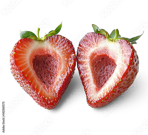 Fresh ripe strawberries and cut strawberry half isolated on transparent background, vibrant red berry fruit, juicy and sweet snack
