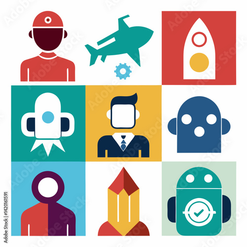 A vibrant grid showcasing diverse professions and innovative ideas, featuring bold flat icons and a playful color palette.