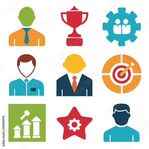 A vibrant team achieving ambitious goals, celebrating success with a trophy and strategic planning, depicted in bold flat icons.