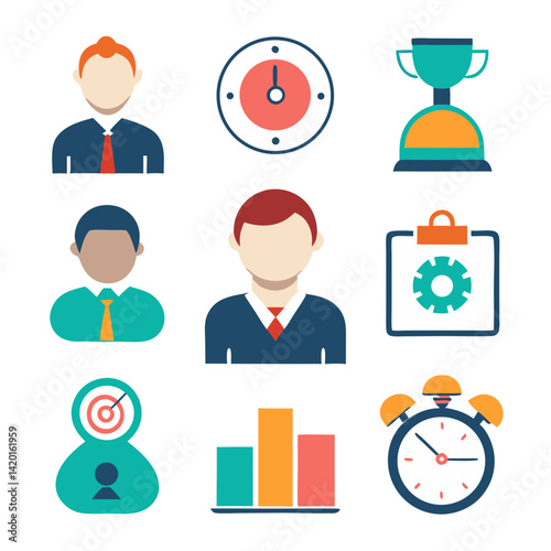 Achieving Business Success: A team striving for goals, celebrating victory with vibrant flat icons, showcasing teamwork and progress.