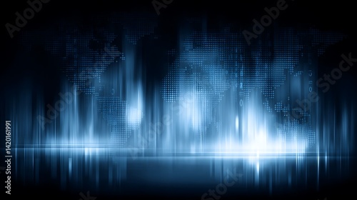 Glowing Blue Digital World Map with Data Streams and Reflections Abstract Visual