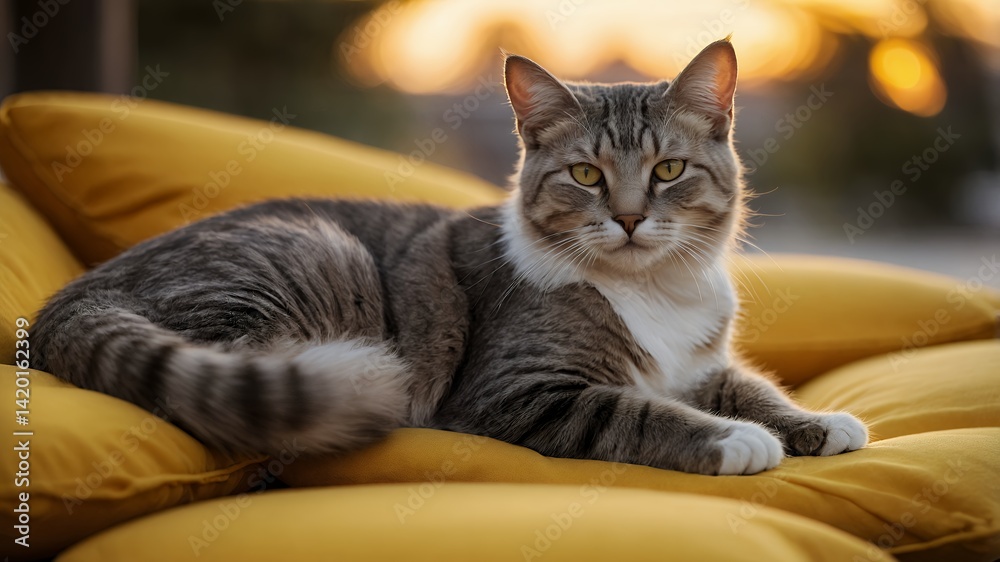 Gray Striped Cat Relaxing on Yellow Cushion with Evening Light Gray Striped Cat Relaxing on Yellow Cushion with Evening Light