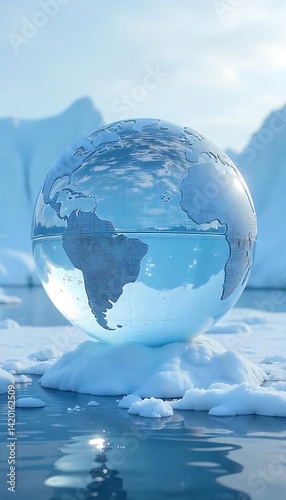 Generative AI, A Fragile Earth Globe Melting on Ice, A Symbol of Climate Change and Environmental Crisis in a Cold Arctic Landscape