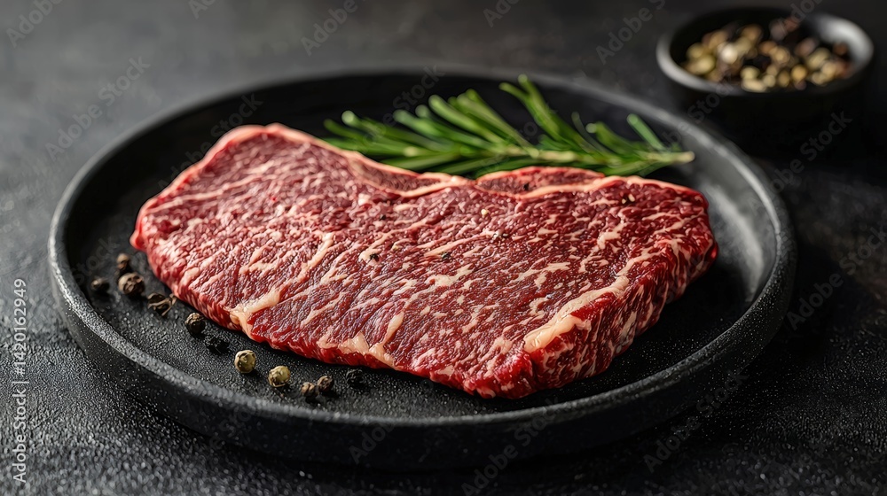 High-quality raw marbled beef steak on a black plate with green herbs and spices, fresh meat ready for cooking or grilling, close-up gourmet meat High-quality raw marbled beef steak on a black plate with green herbs and spices, fresh meat ready for cooking or grilling, close-up gourmet meat