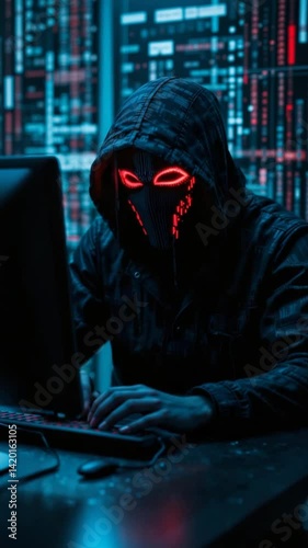 Cyberpunk Hacker Typing Intense Red Glowing Mask Dark Blue Ambient Light. AI Generated