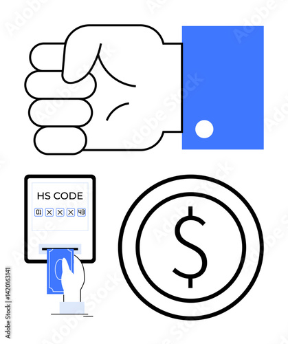 Hand in motion, HS code entry on screen with card interaction symbolizing trade and tax systems, dollar sign in circle. Ideal for trade, finance, economy, business, export-import, tax simple landing