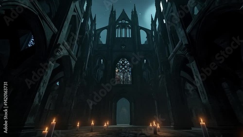 A dark, empty cathedral with candles lit in the middle