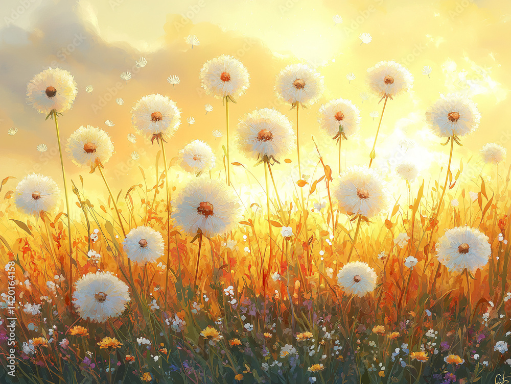Dandelion seed puffs in a field at sunset.