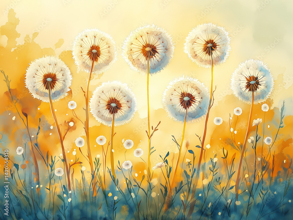Dandelion seed puffs in a field.