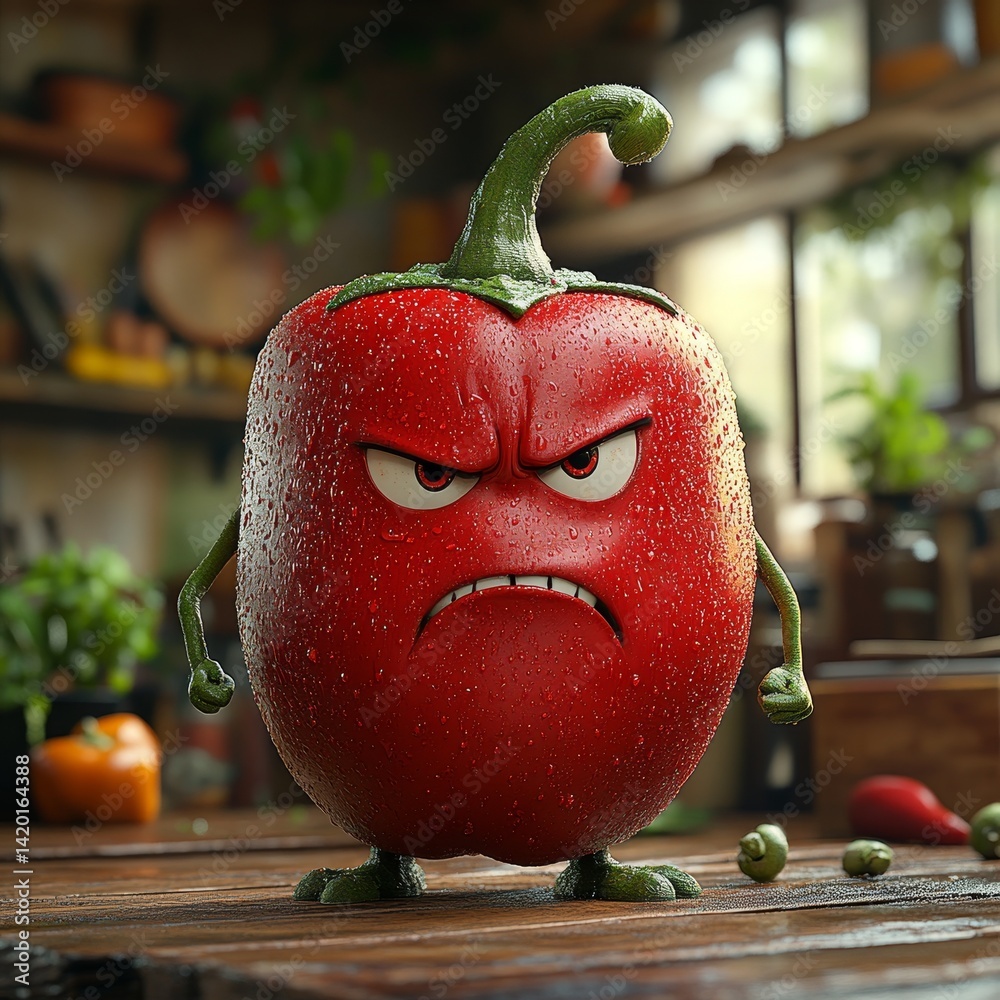 A cartoon pepper is angry and has a green stem