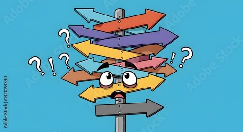 Confused cartoon signpost direction decision making dilemma choice road signs arrows illustration