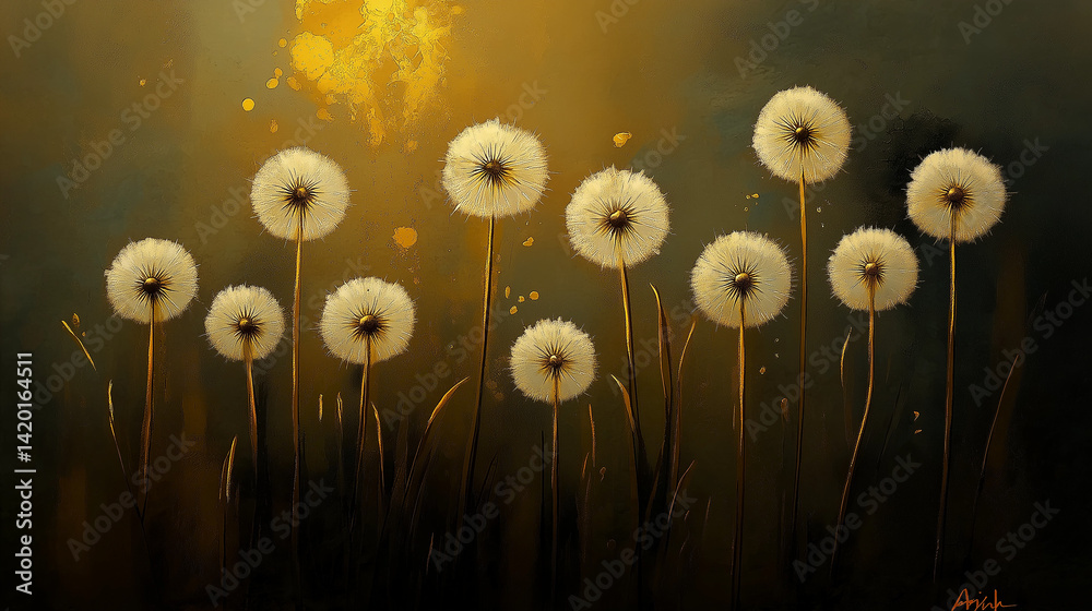 Dandelion seed puffs in a field.