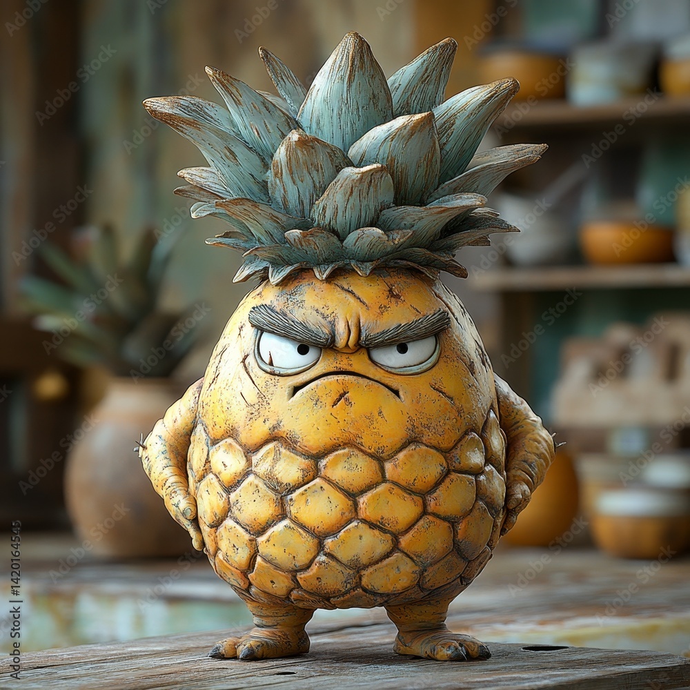 A pineapple with a hat on its head and an angry expression