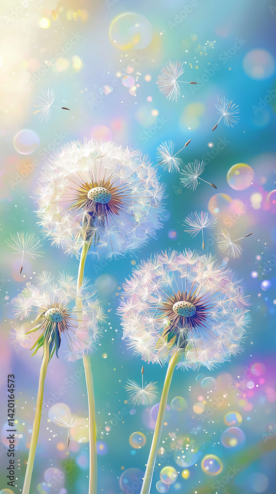 Dandelion seed puffs in a field.