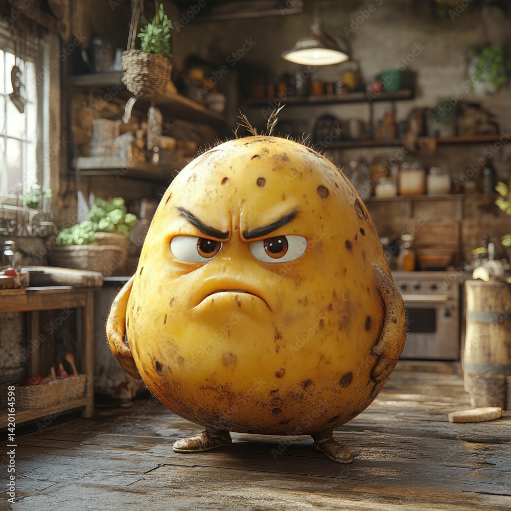 A potato with a frowning face is standing in a kitchen