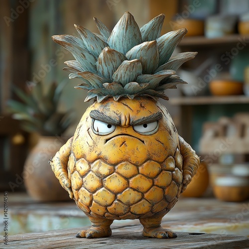 A pineapple with a hat on its head and an angry expression