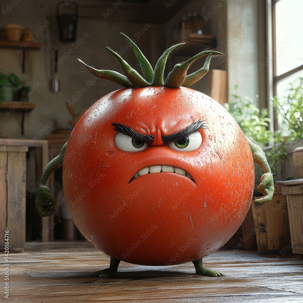 A cartoon tomato with a frowning face and angry eyes
