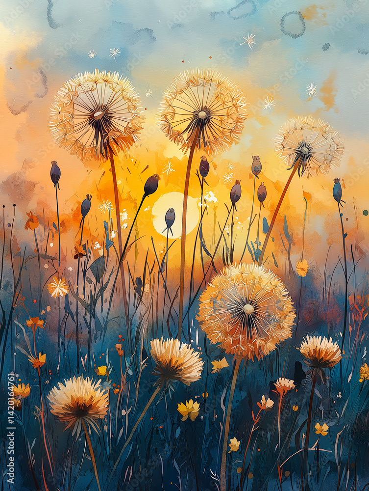 Dandelion seed puffs in a field at sunset.