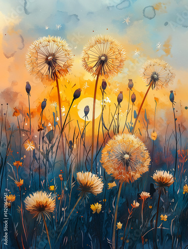 Obraz na płótnie Dandelion seed puffs in a field at sunset. w salonie