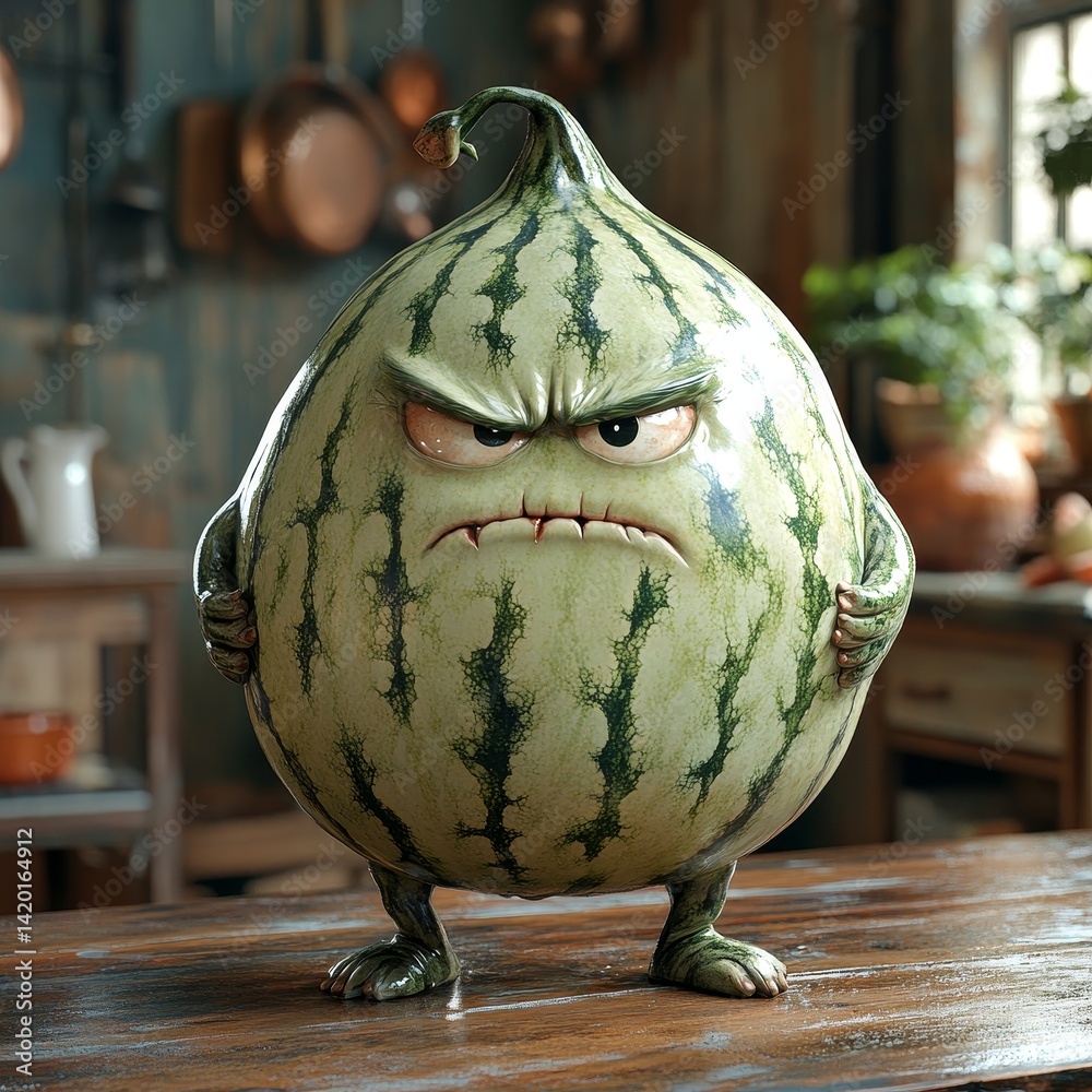 A cartoonish watermelon with a frowning face and a menacing look