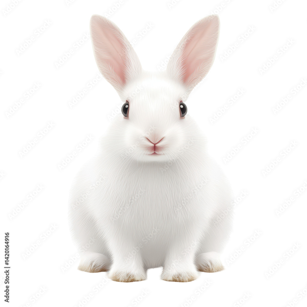 Adorable white rabbit with pink ears and black eyes sitting on transparent background, close-up of a cute fluffy bunny with soft fur and alert expression. Adorable white rabbit with pink ears and black eyes sitting on transparent background, close-up of a cute fluffy bunny with soft fur and alert expression.
